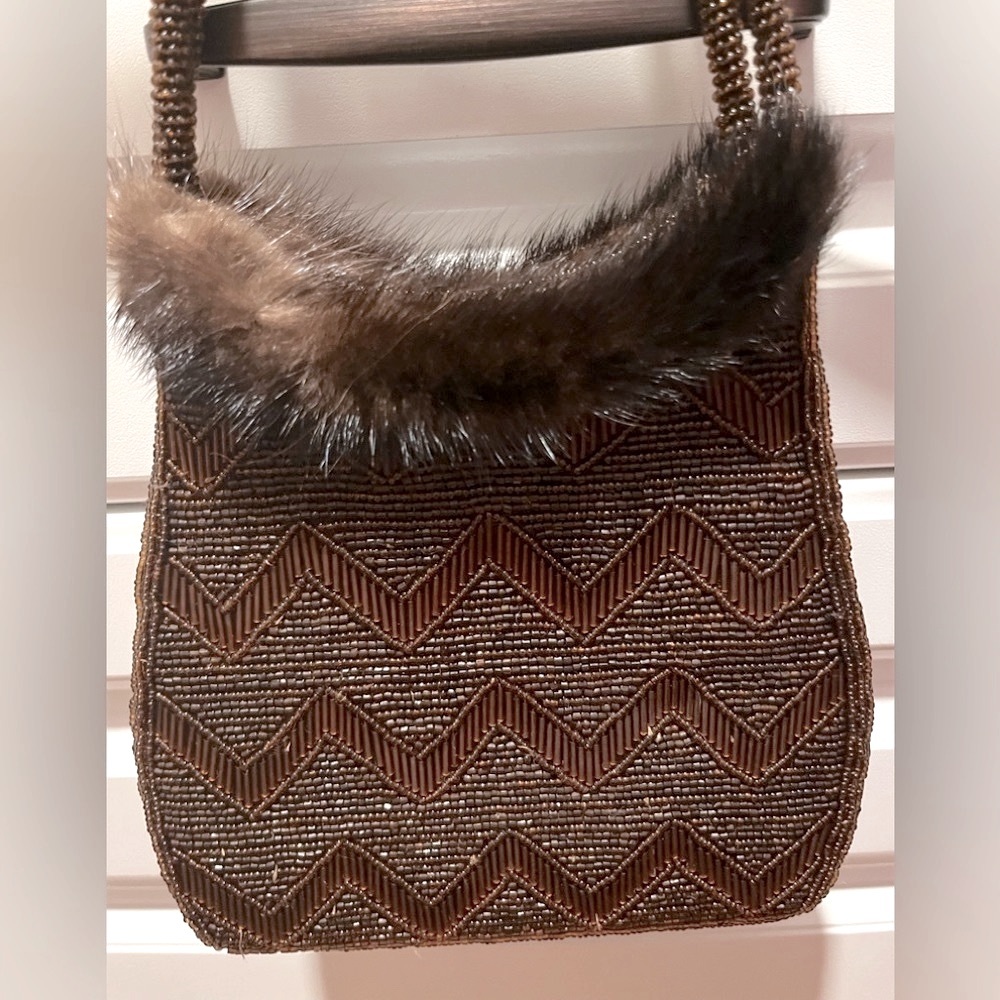Paris beaded/ genuine fur trim bag